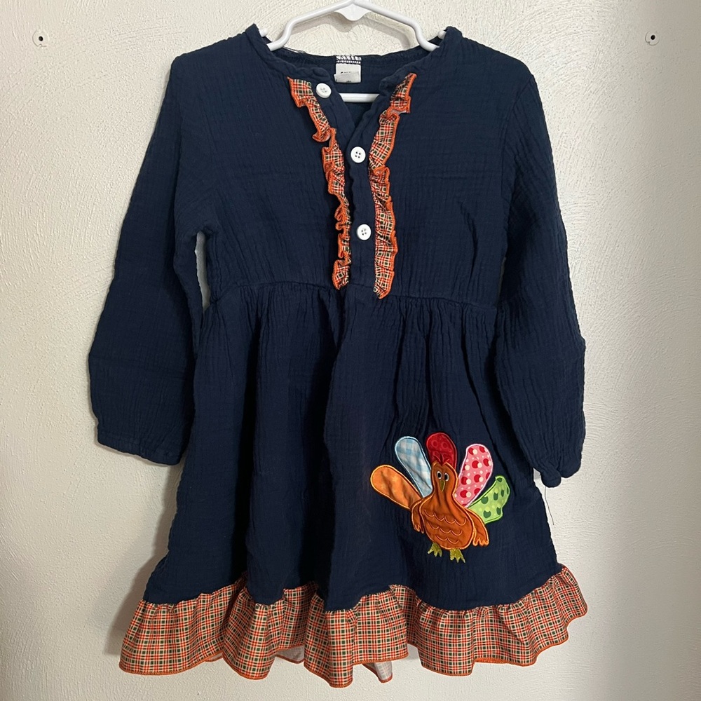 SHEIN Classic Ruffle Gauzy Thanksgiving Appliqué Turkey Dress Navy Girl's Sz 6